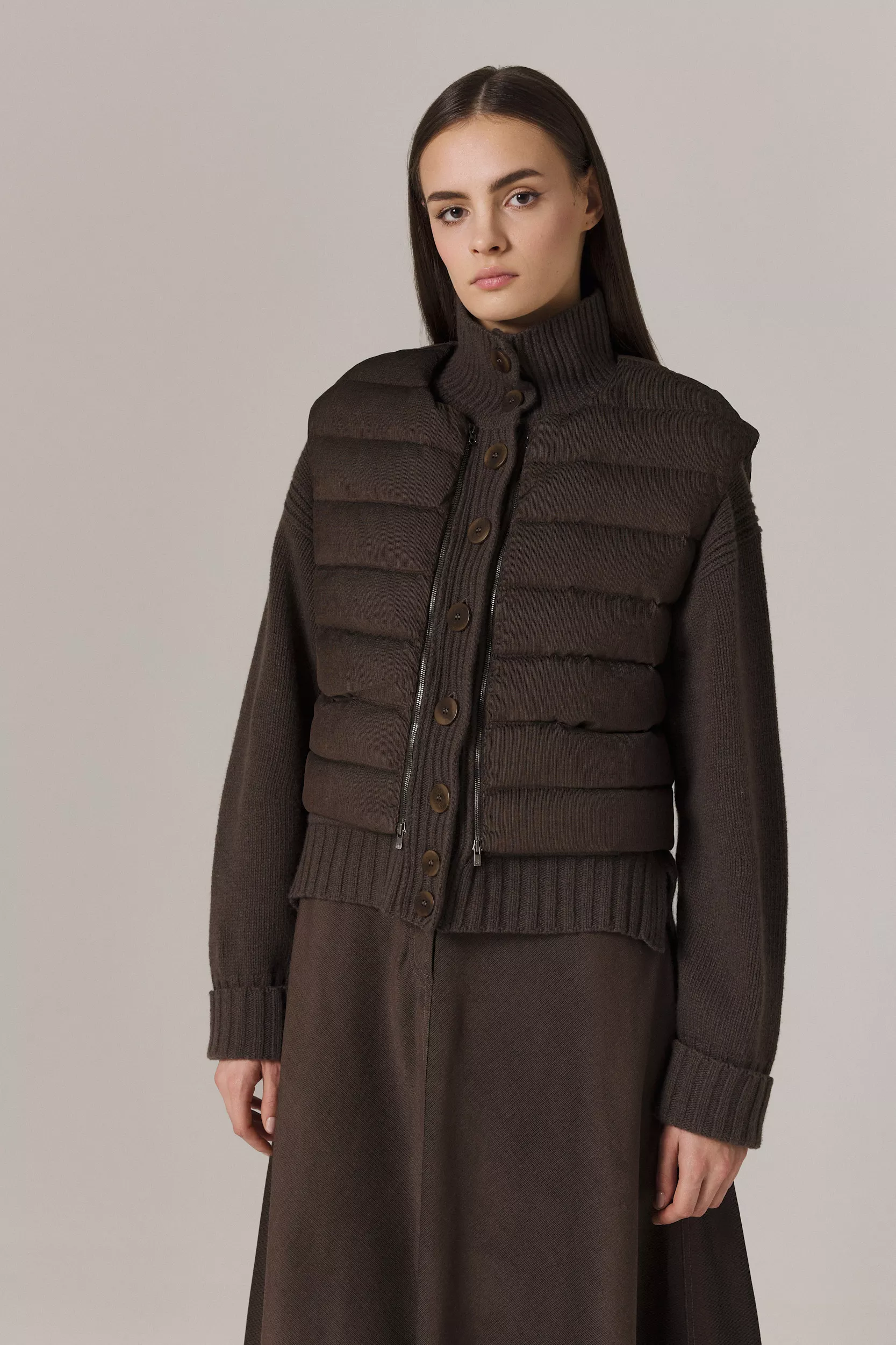 LOGAN CASHMERE BLEND CARDIGAN WITH DOWN FILLED CORDUROY VEST IN UMBER