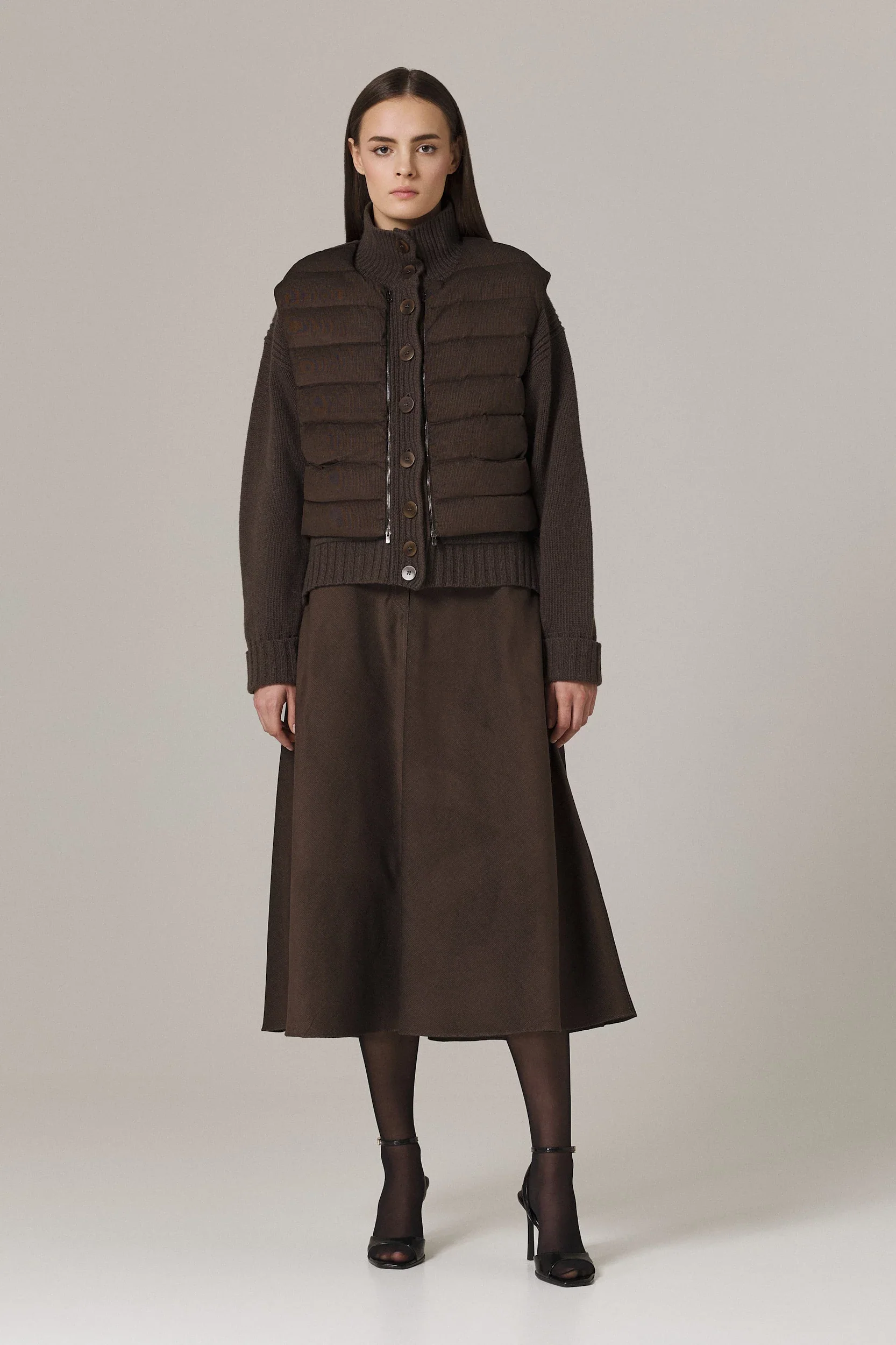 LOGAN CASHMERE BLEND CARDIGAN WITH DOWN FILLED CORDUROY VEST IN UMBER - Image 2
