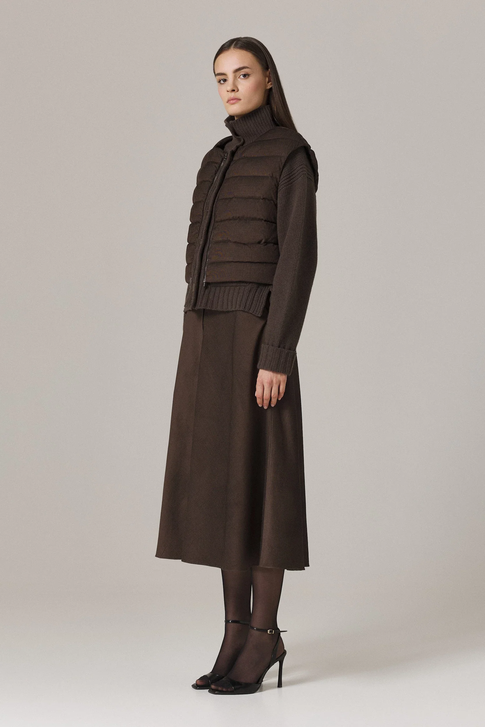 LOGAN CASHMERE BLEND CARDIGAN WITH DOWN FILLED CORDUROY VEST IN UMBER - Image 3