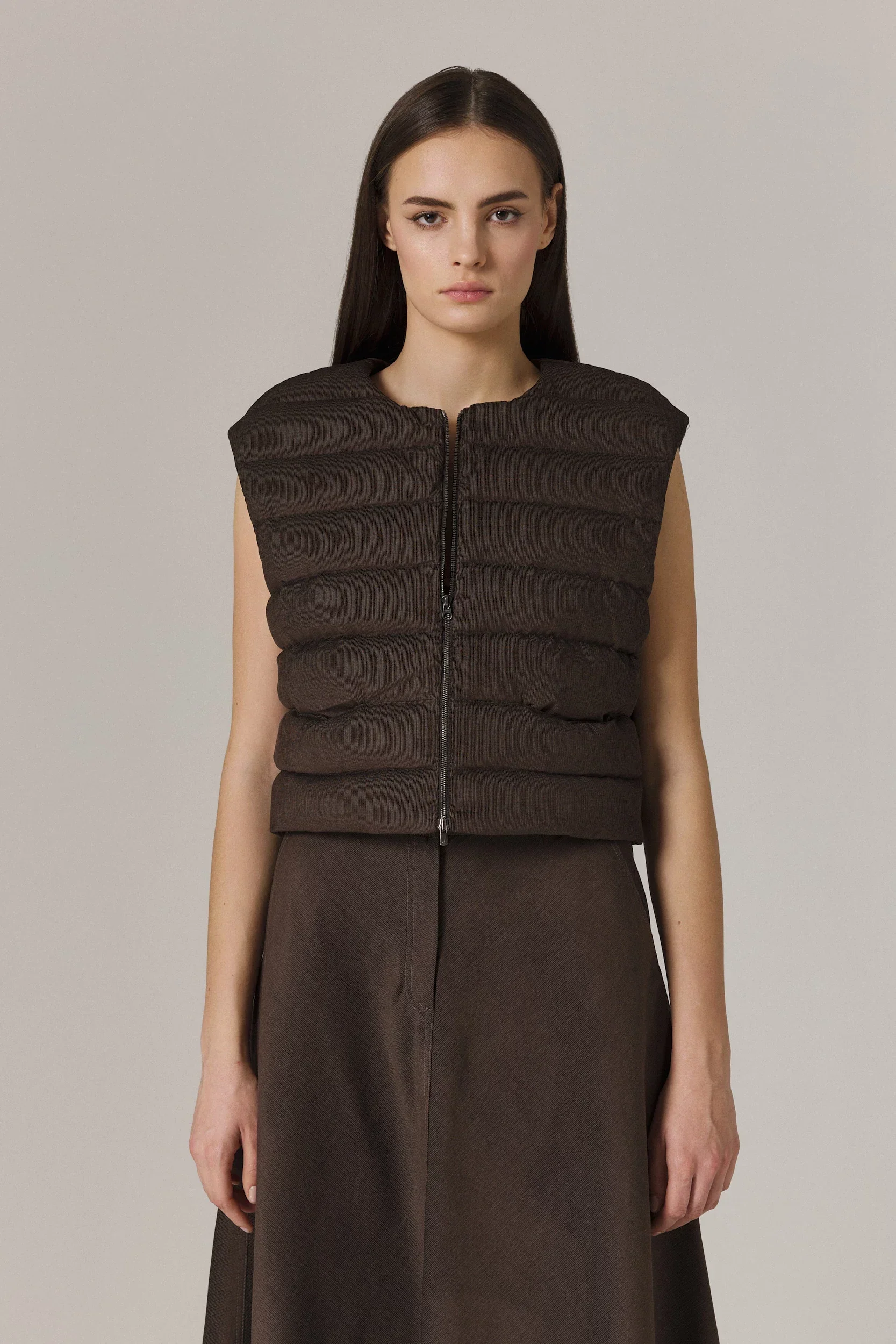 LOGAN CASHMERE BLEND CARDIGAN WITH DOWN FILLED CORDUROY VEST IN UMBER - Image 4