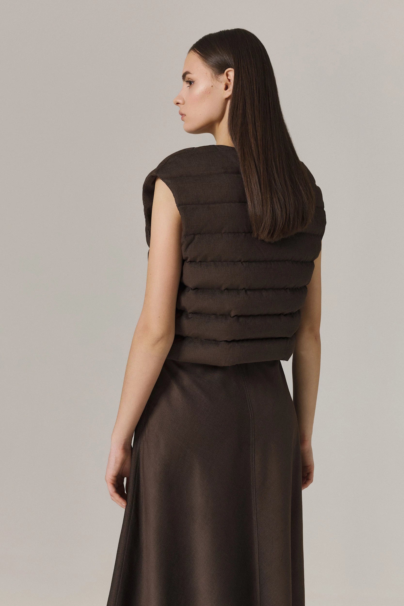 LOGAN CASHMERE BLEND CARDIGAN WITH DOWN FILLED CORDUROY VEST IN UMBER - Image 5