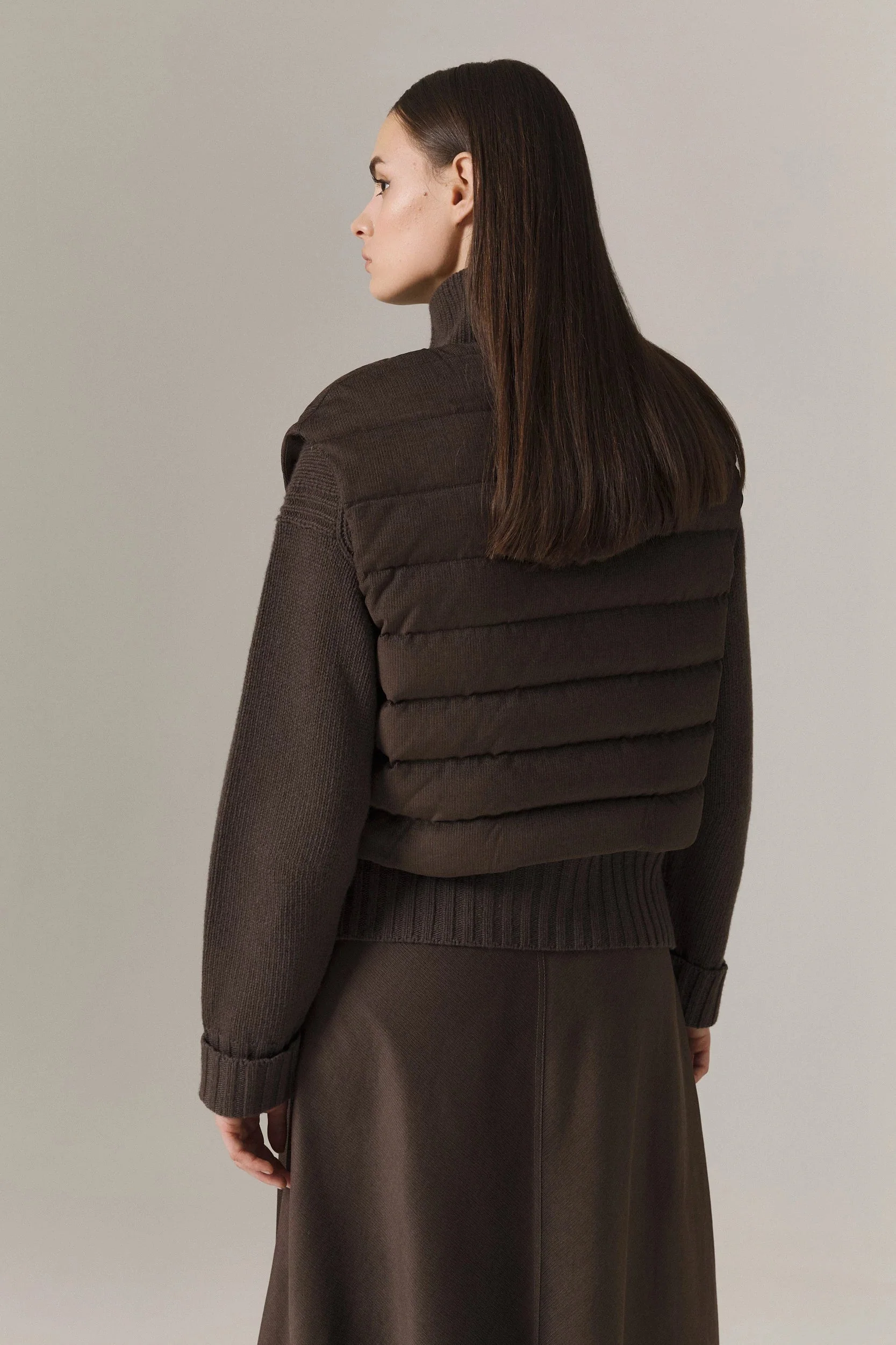 LOGAN CASHMERE BLEND CARDIGAN WITH DOWN FILLED CORDUROY VEST IN UMBER - Image 6