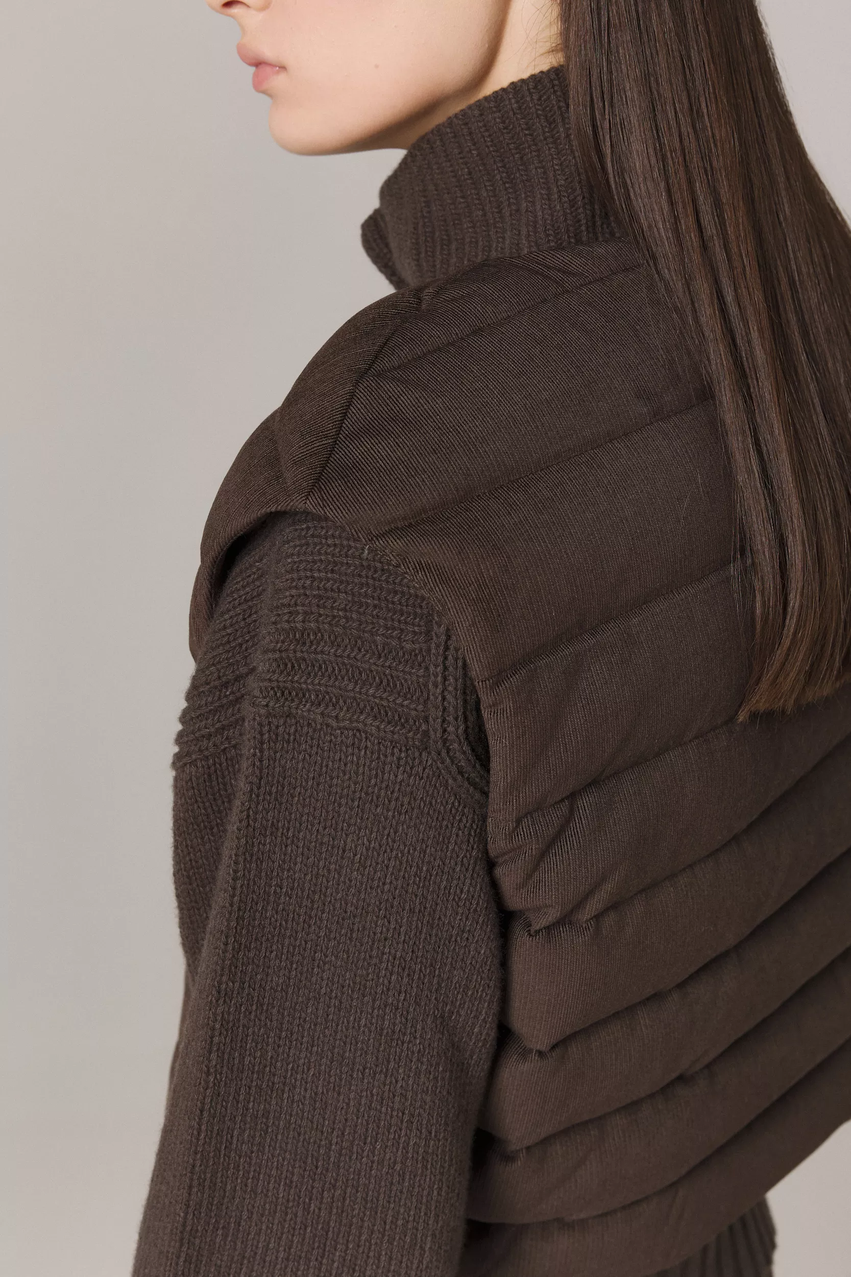 LOGAN CASHMERE BLEND CARDIGAN WITH DOWN FILLED CORDUROY VEST IN UMBER - Image 7