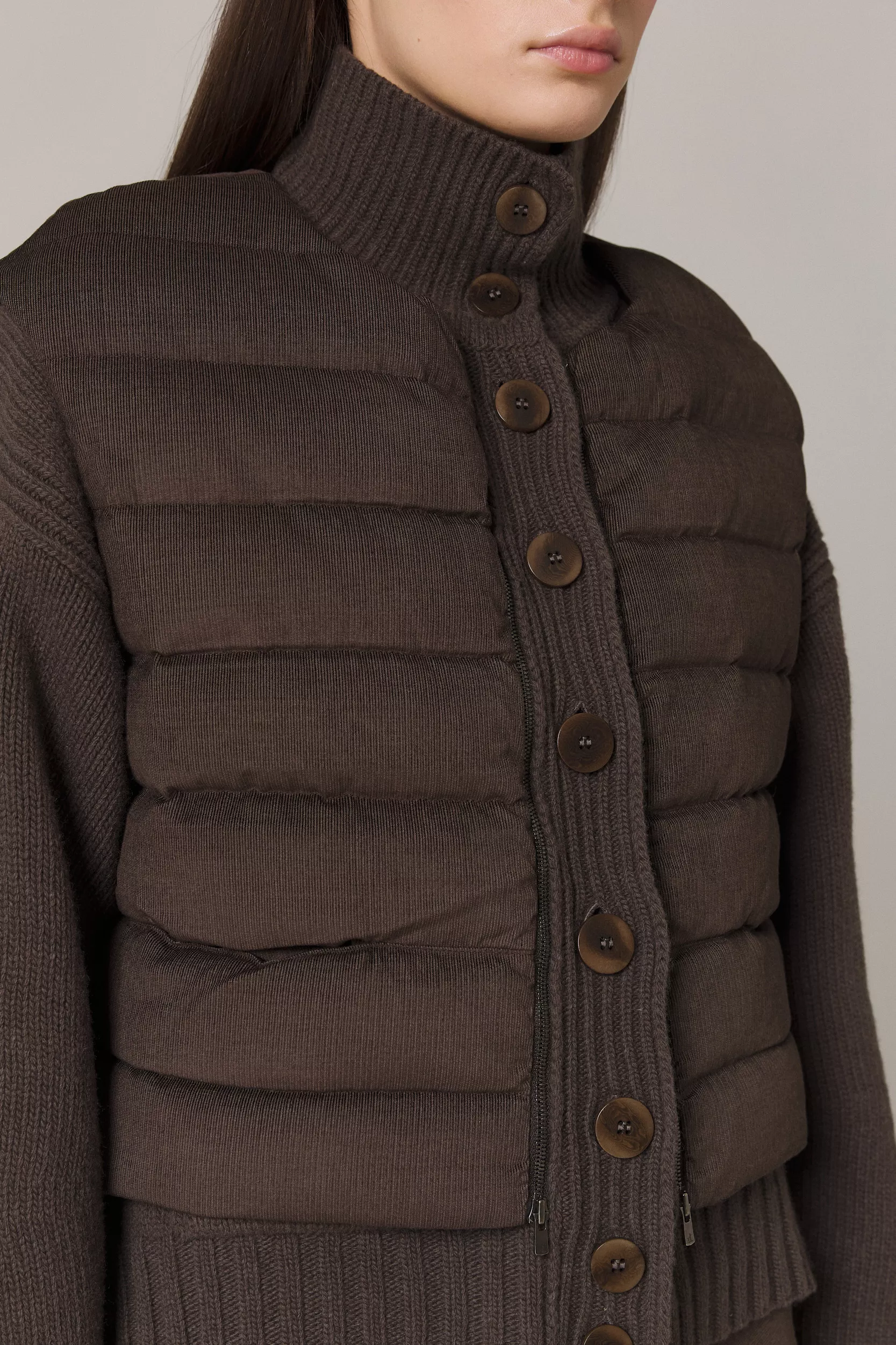 LOGAN CASHMERE BLEND CARDIGAN WITH DOWN FILLED CORDUROY VEST IN UMBER - Image 8