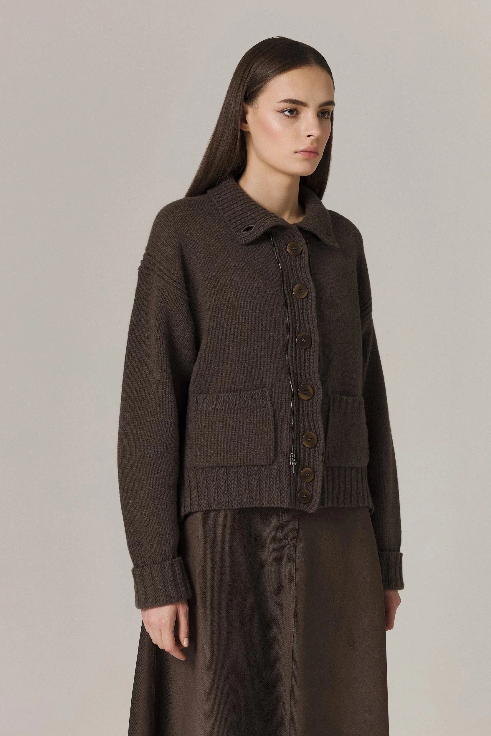 LOGAN CASHMERE BLEND CARDIGAN WITH DOWN FILLED CORDUROY VEST IN UMBER - Image 9
