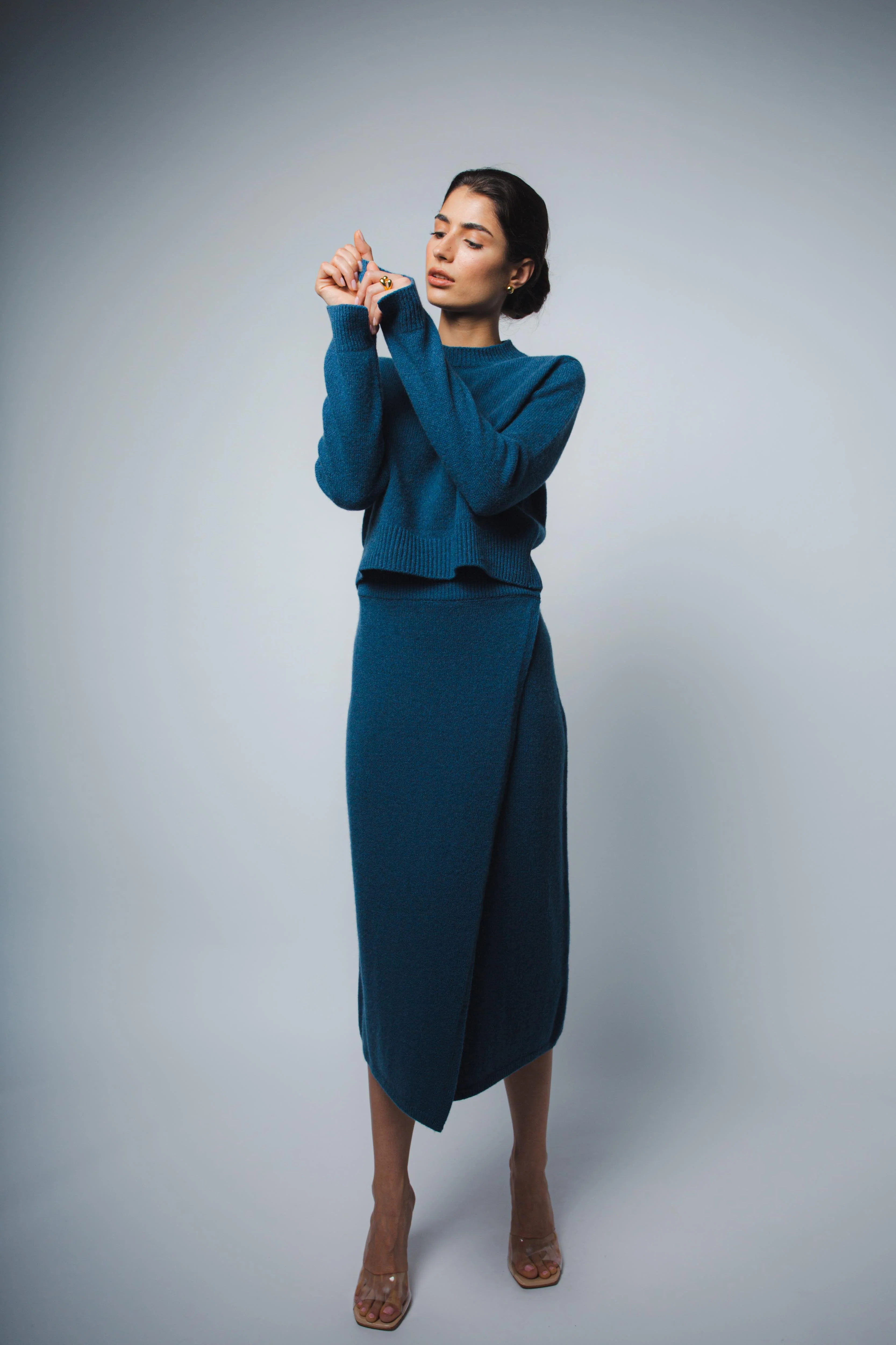 MILA CASHMERE WRAP SKIRT IN PEACOCK
