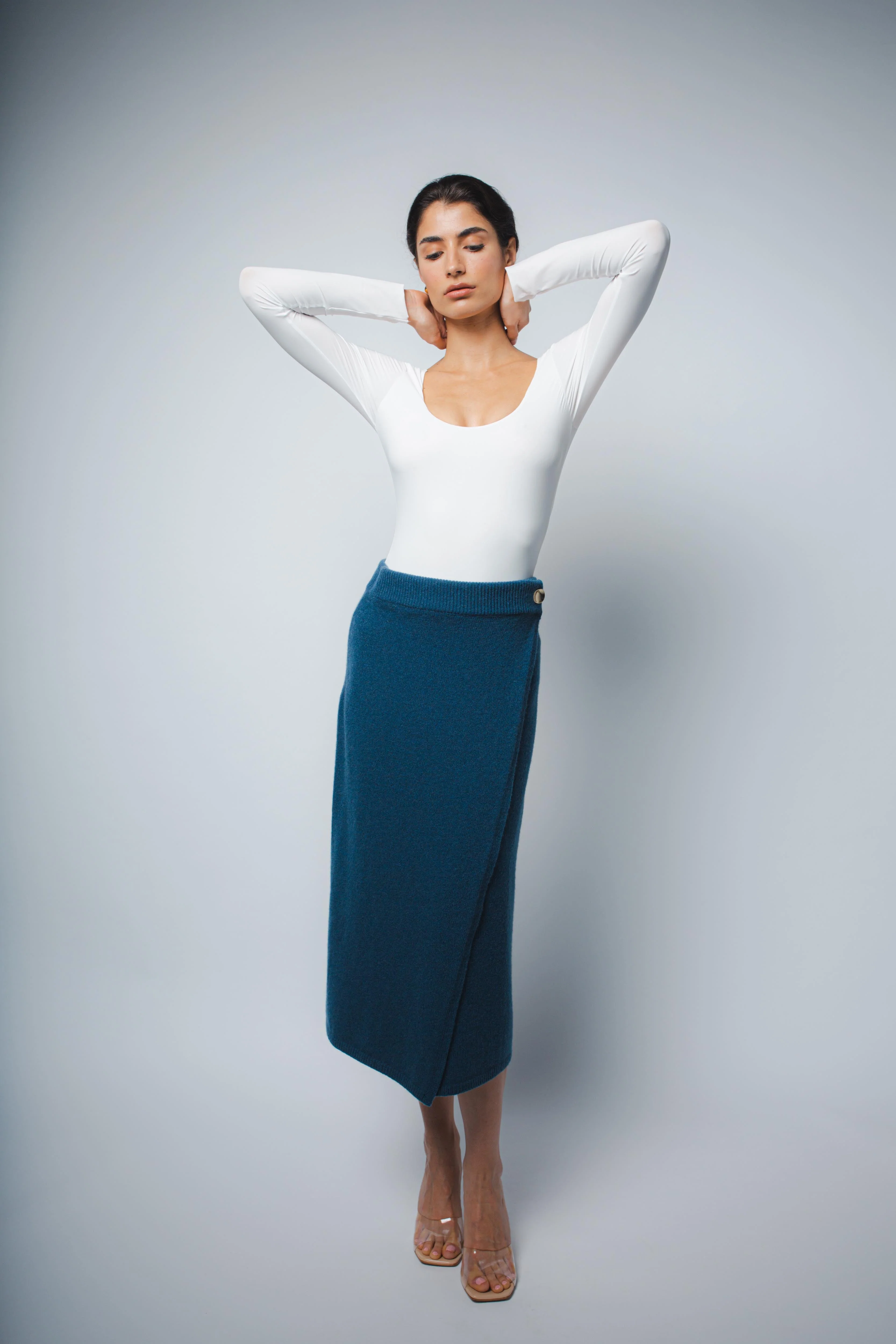 MILA CASHMERE WRAP SKIRT IN PEACOCK - Image 2