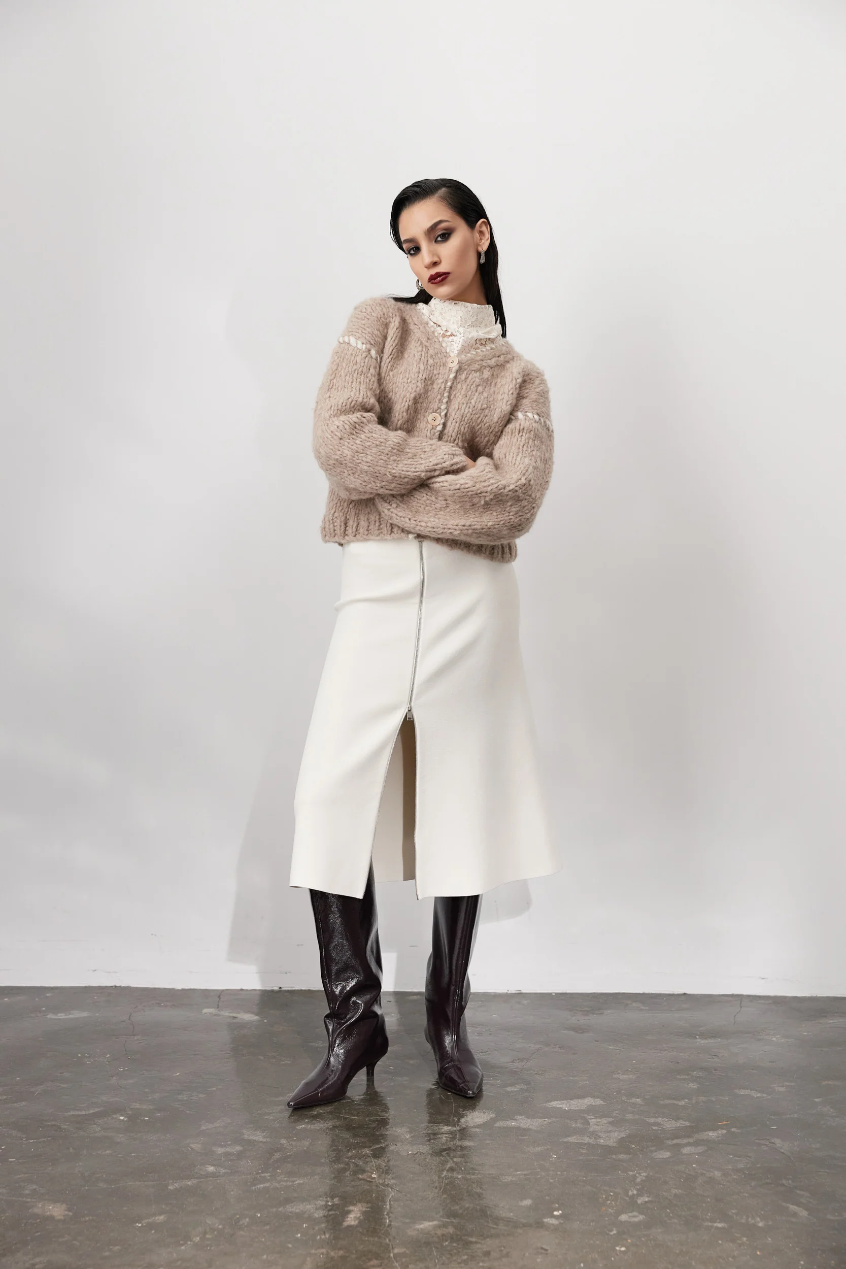 PAULA CIRCULAR KNIT A-LINE SKIRT WITH METAL ZIPPER IN SUGAR - Image 6