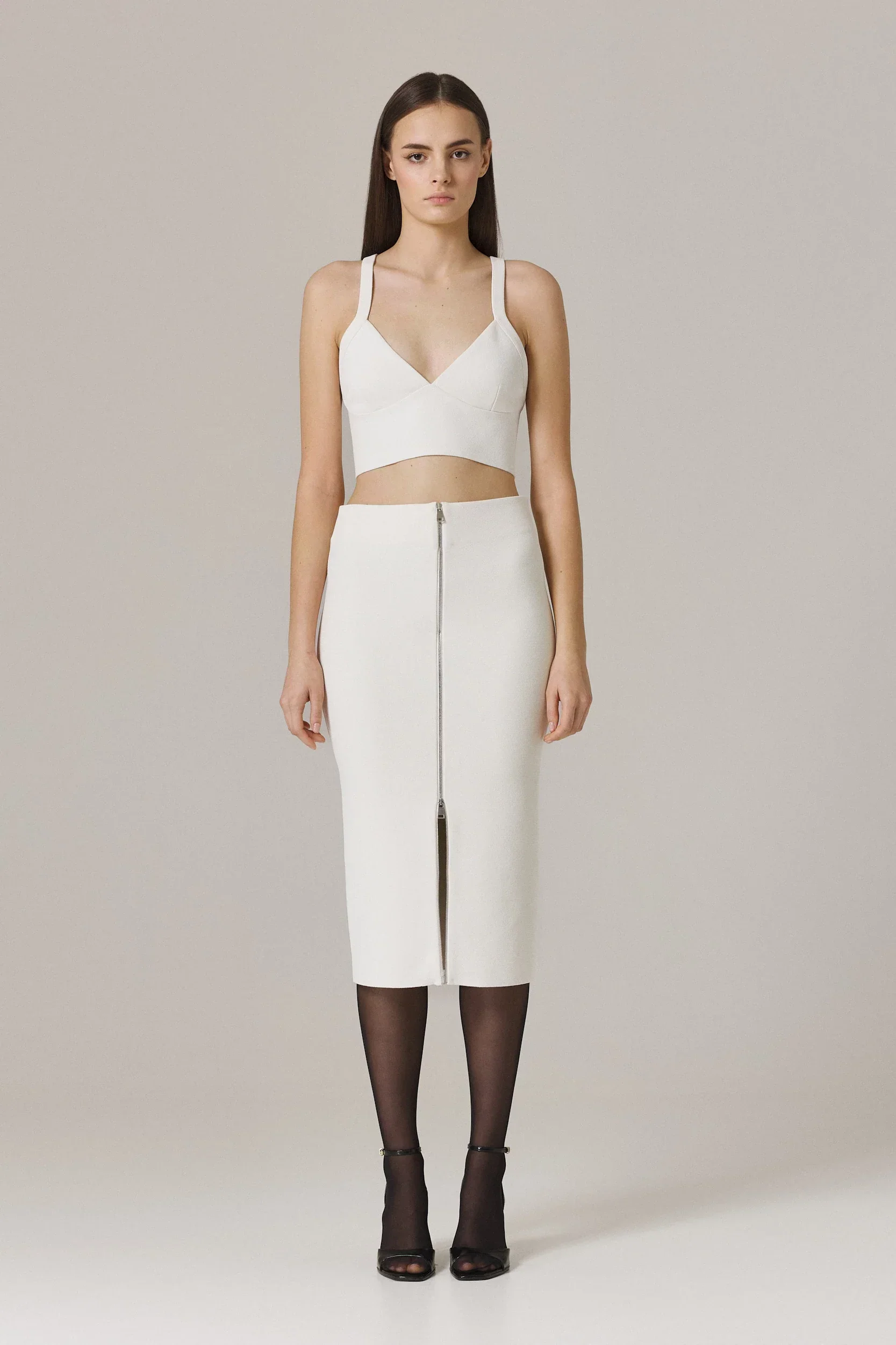 JANA CIRCLULAR KNIT PENCIL SKIRT WITH METAL ZIPPER IN SUGAR - Image 2