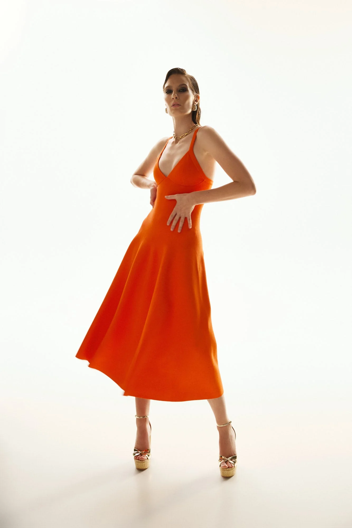 SASHA CIRCULAR KNIT DRESS WITH FULL SKIRT IN VERMILION