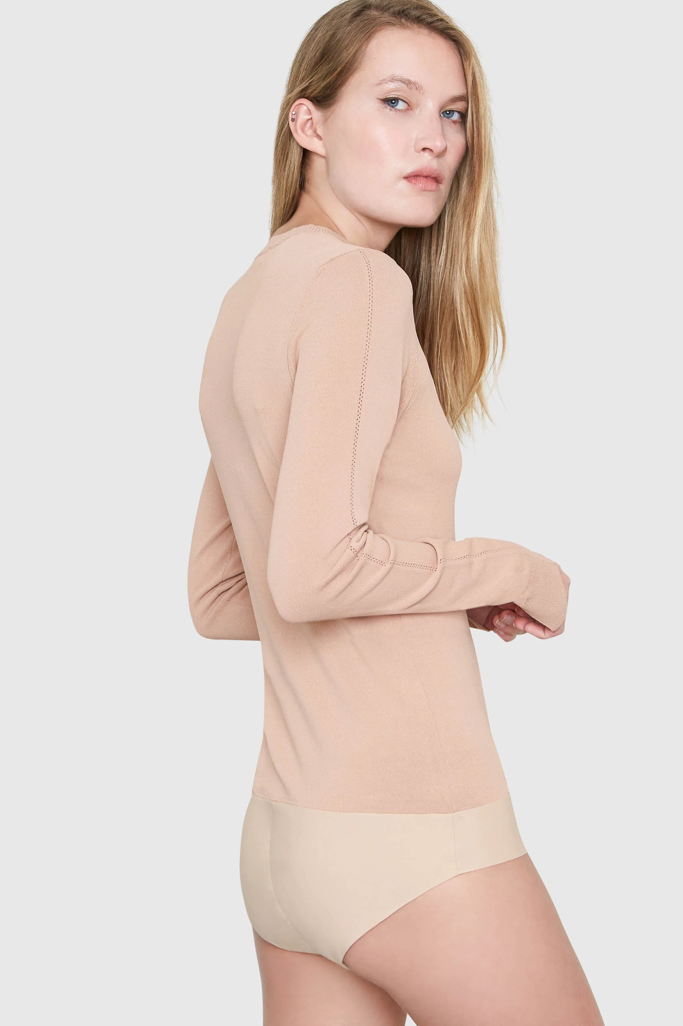 AMBER CREW NECK VISCOSE BODYSUIT IN BEIGE - Image 3