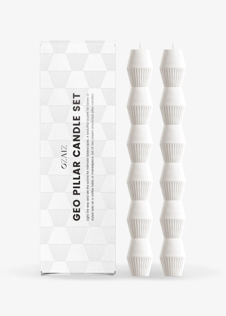 OZAIZ - Ivory Geometric Pillar Candles Set of 2