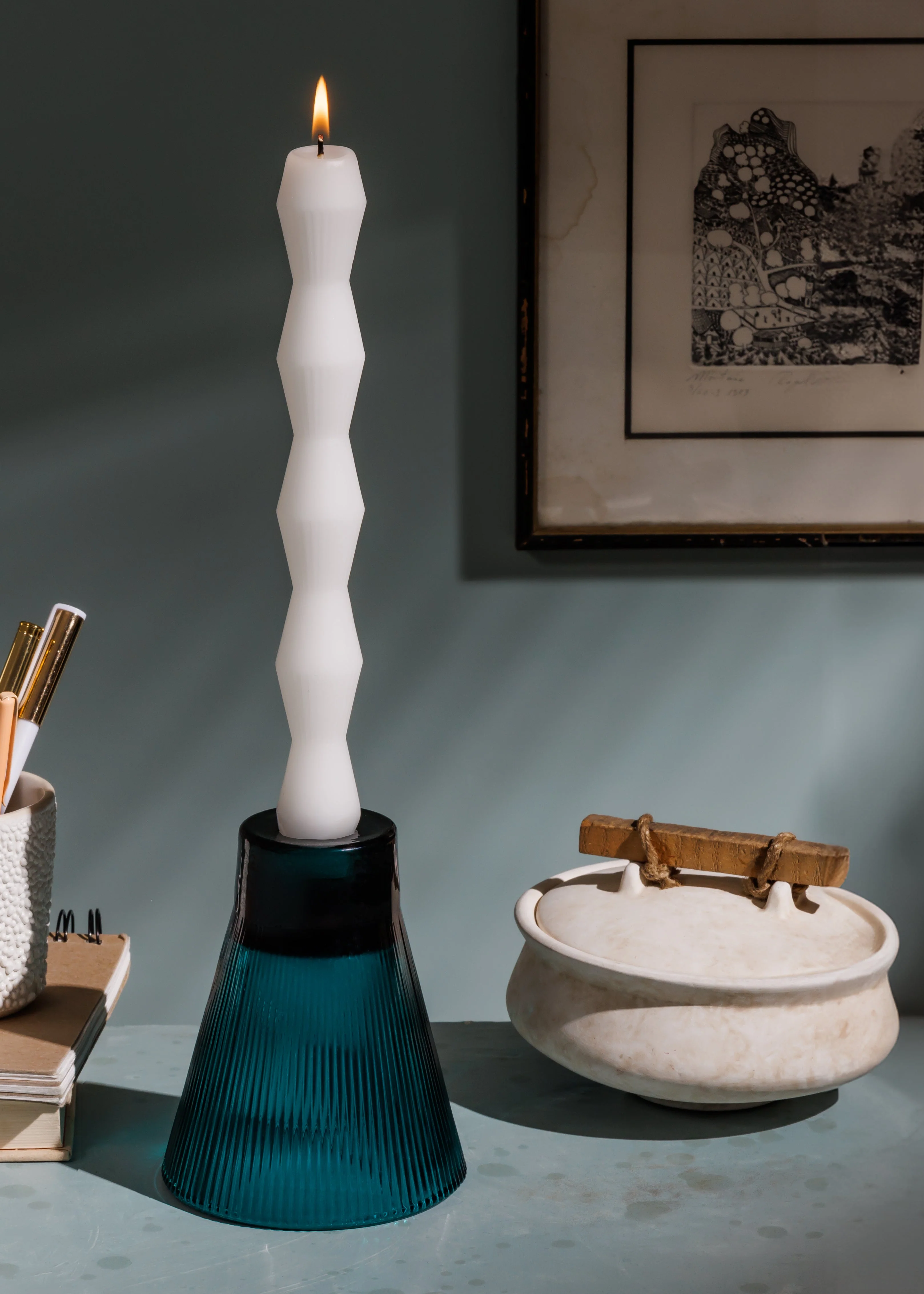 OZAIZ - Ivory Geometric Pillar Candles Set of 2 - Image 2