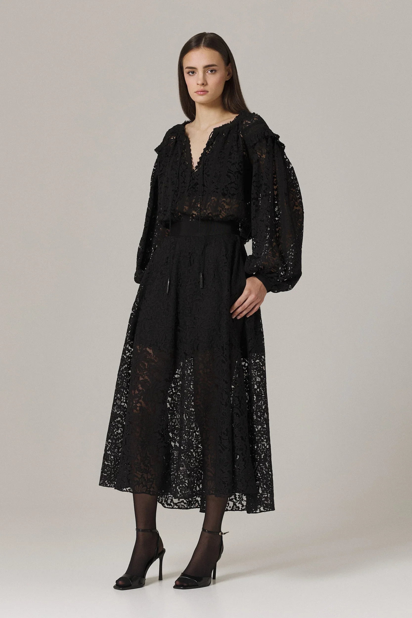 OZANA LACE DRESS WITH GROSGRAIN APPLIQUE IN BLACK - Image 3