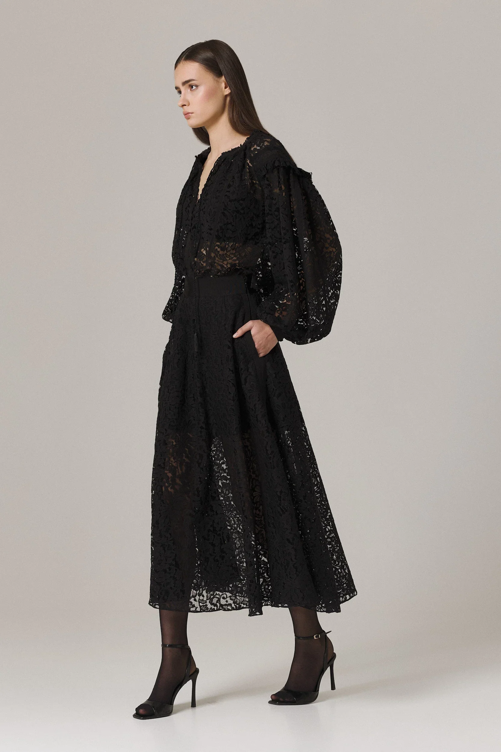 OZANA LACE DRESS WITH GROSGRAIN APPLIQUE IN BLACK - Image 4