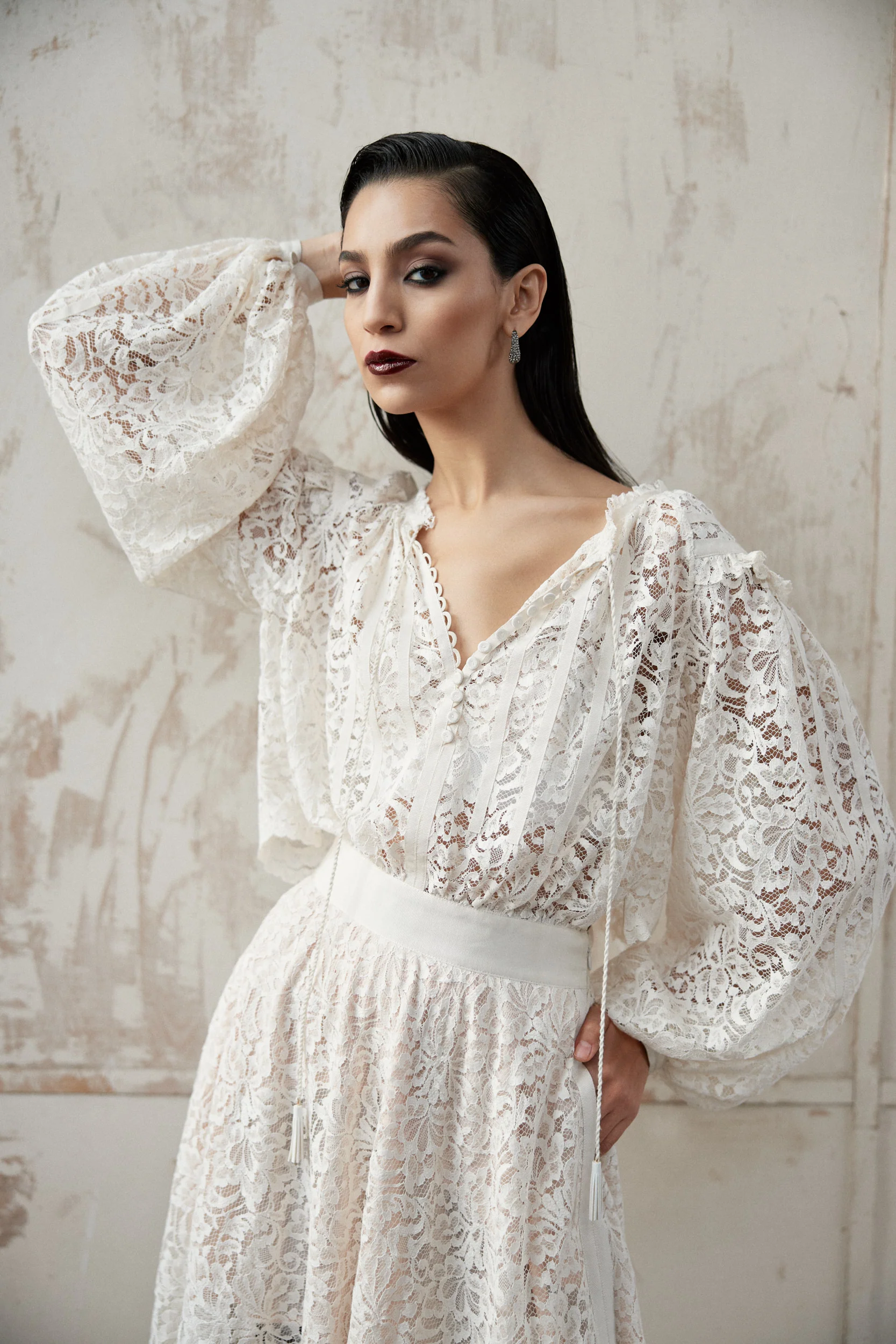 OZANA LACE DRESS WITH GROSGRAIN APPLIQUE IN SUGAR - Image 2