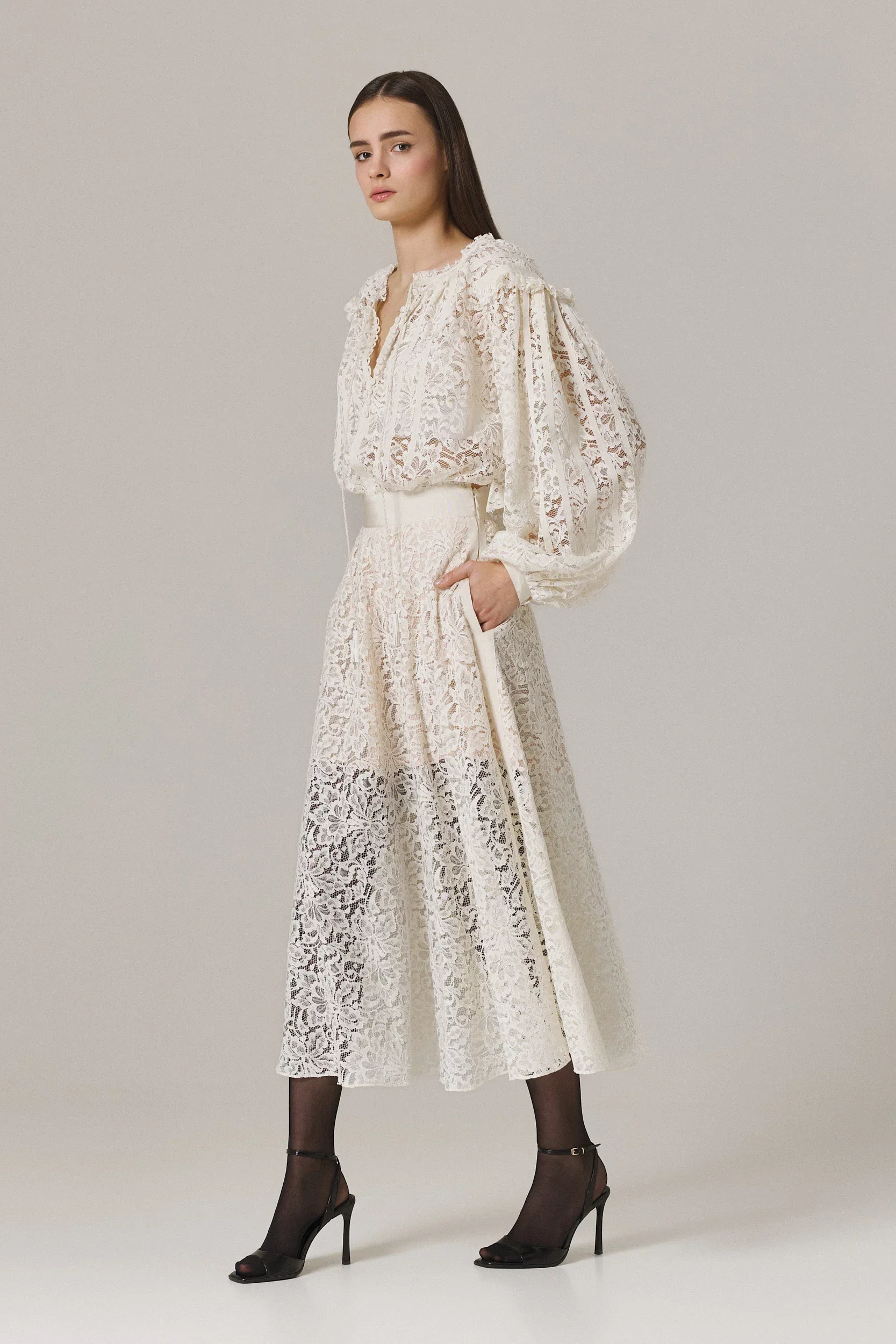 OZANA LACE DRESS WITH GROSGRAIN APPLIQUE IN SUGAR - Image 3