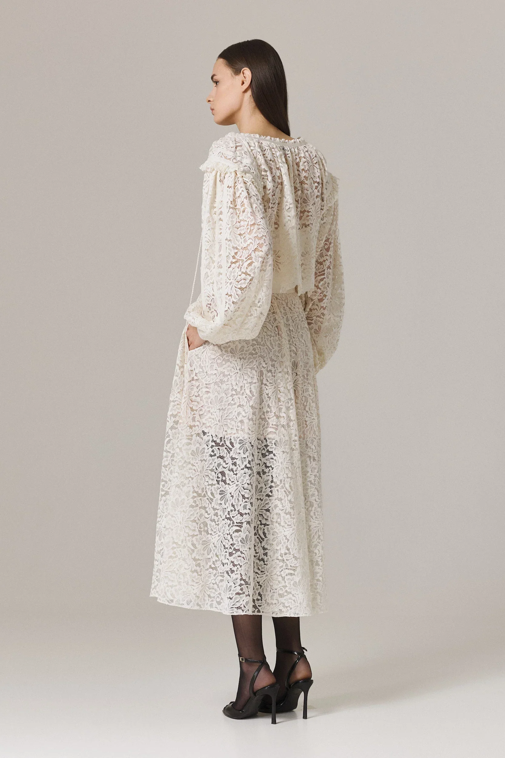 OZANA LACE DRESS WITH GROSGRAIN APPLIQUE IN SUGAR - Image 5