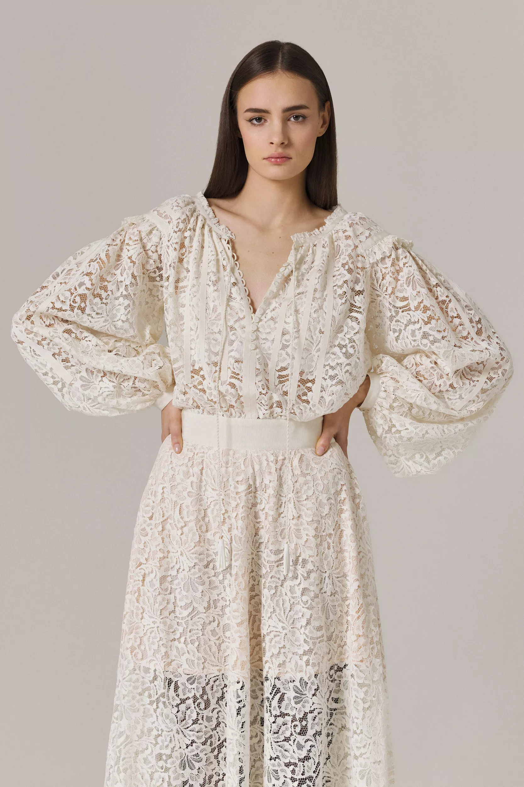 OZANA LACE DRESS WITH GROSGRAIN APPLIQUE IN SUGAR - Image 8