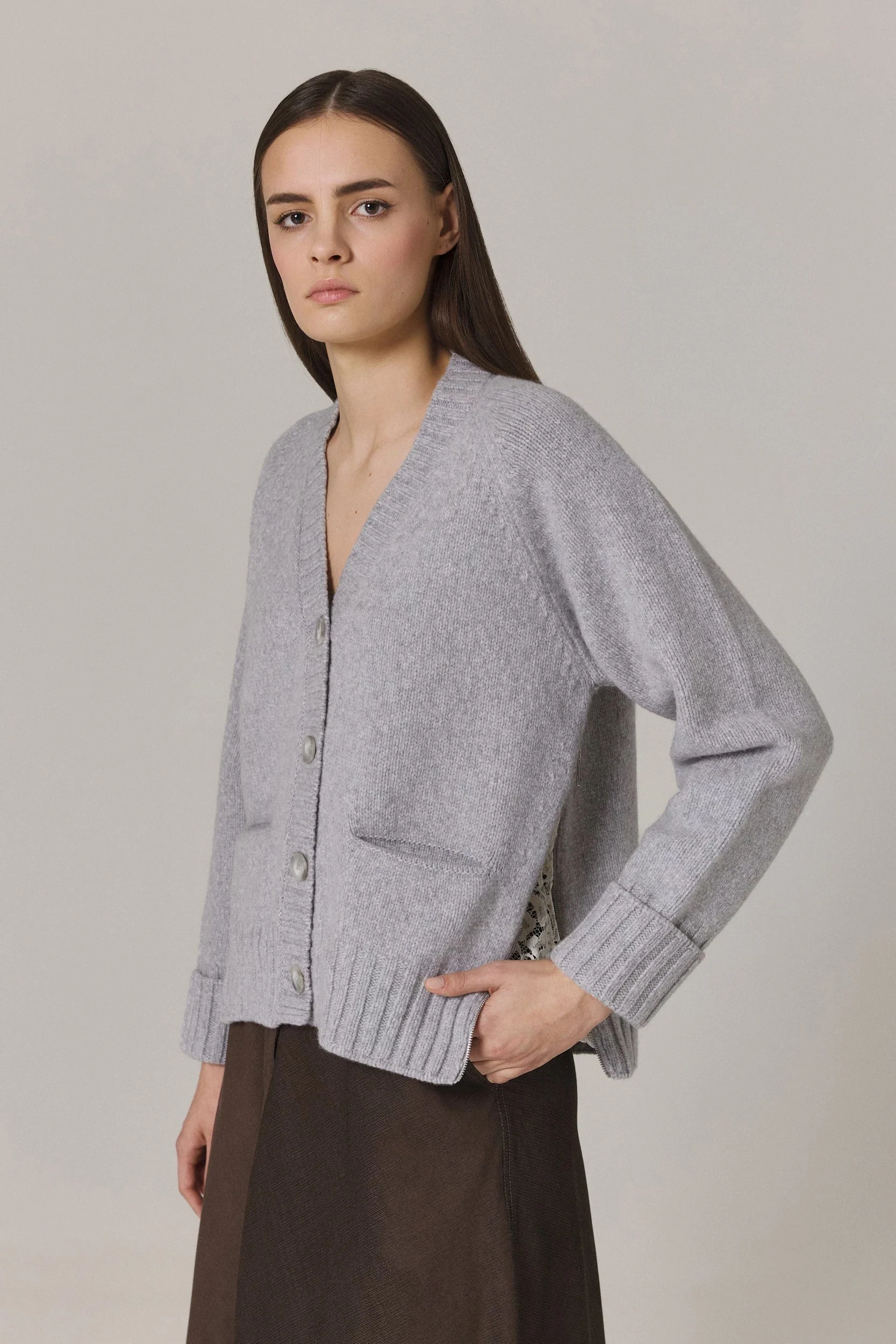 BROOK CARDIGAN WITH LACE INSERTS IN HEATHER GREY