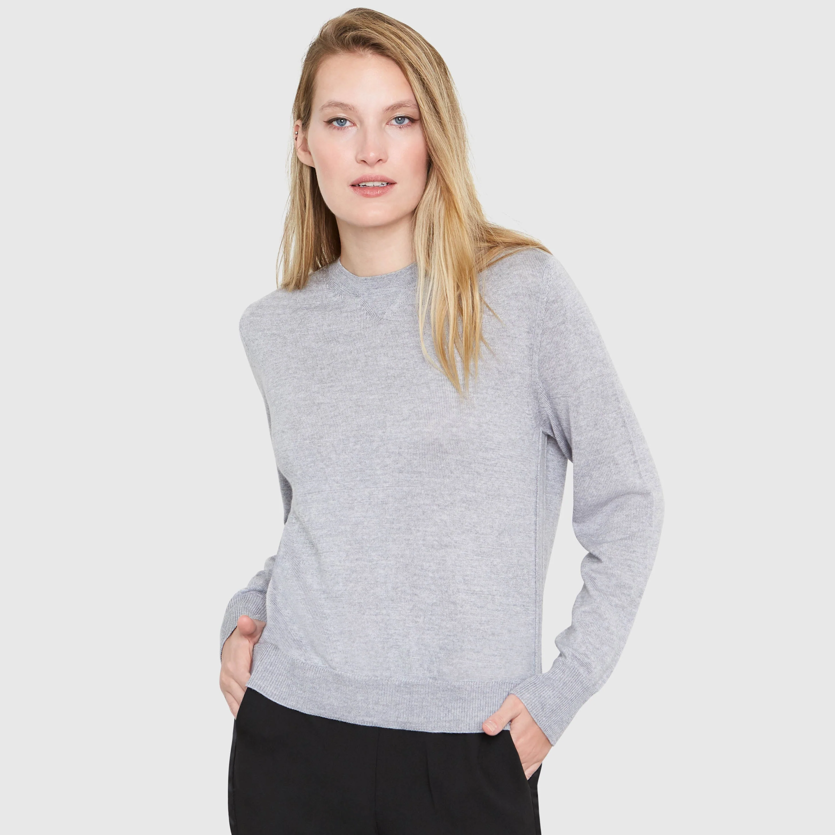 ELLEN NOTCHED NECKBAND MERINO WOOL SWEATER IN HEATHER GREY