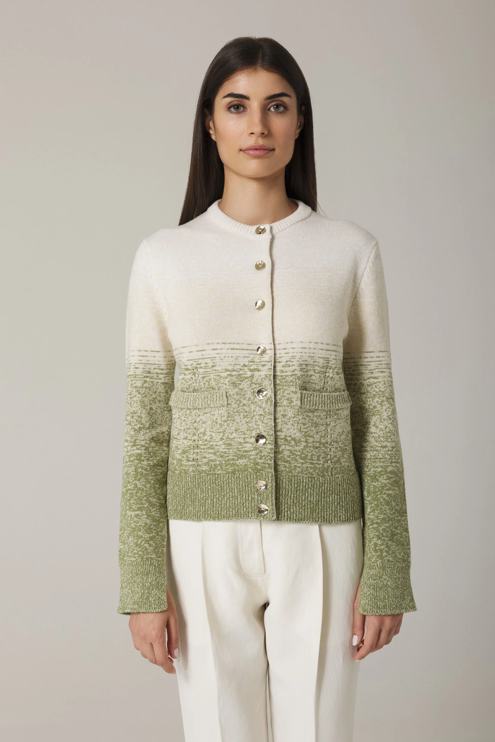 UNA OMBRÉ CARDIGAN WITH GOLD BUTTONS IN OLIVE COMBO - Image 4