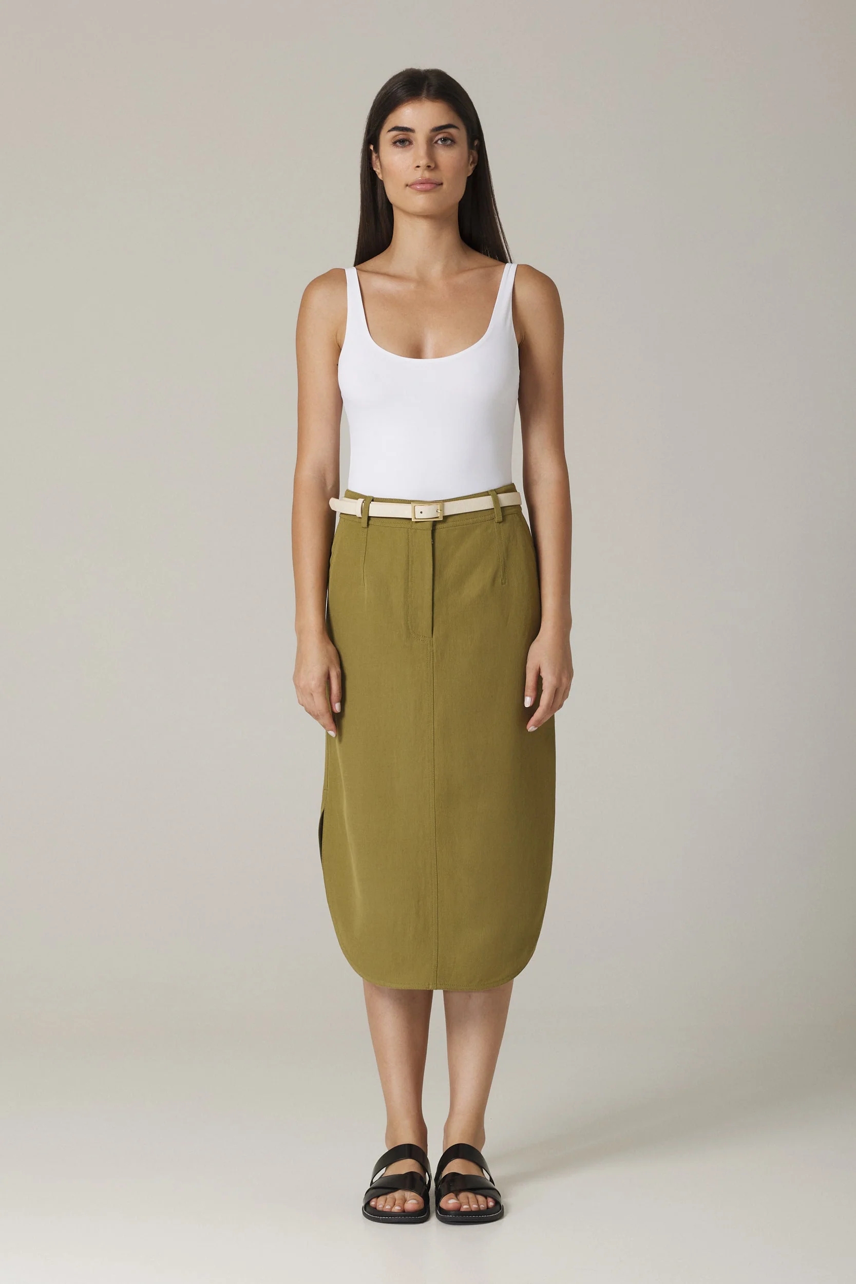 OLIA BELTED PENCIL SKIRT IN OLIVE - Image 2