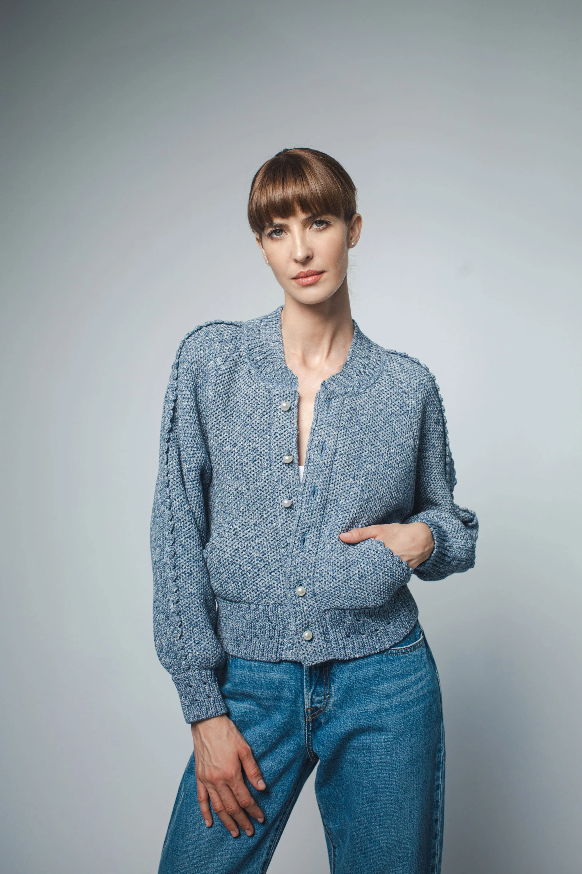 REESE CROCHET STITCH BOMBER JACKET IN BLUE DENIM - Image 3