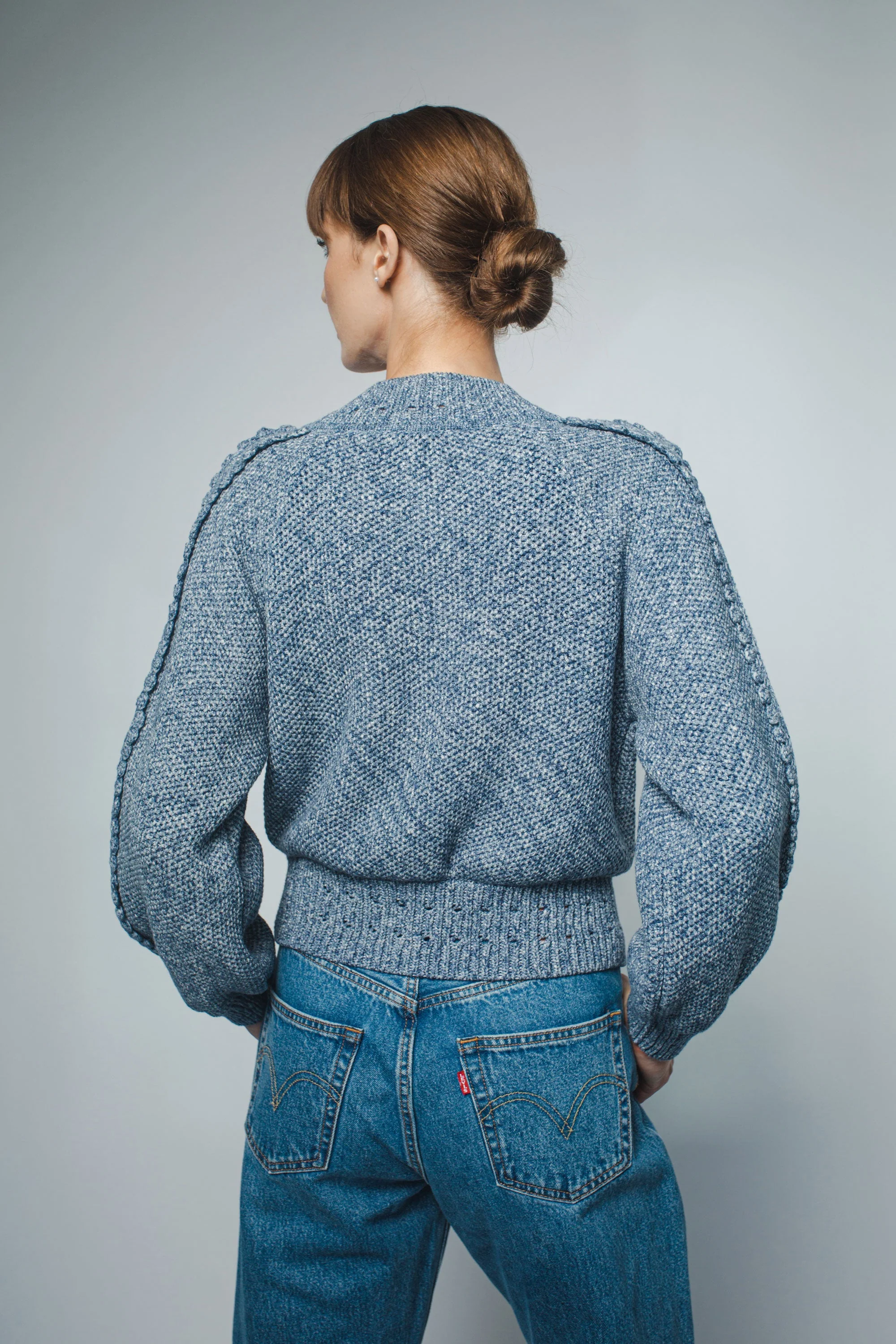 REESE CROCHET STITCH BOMBER JACKET IN BLUE DENIM - Image 4