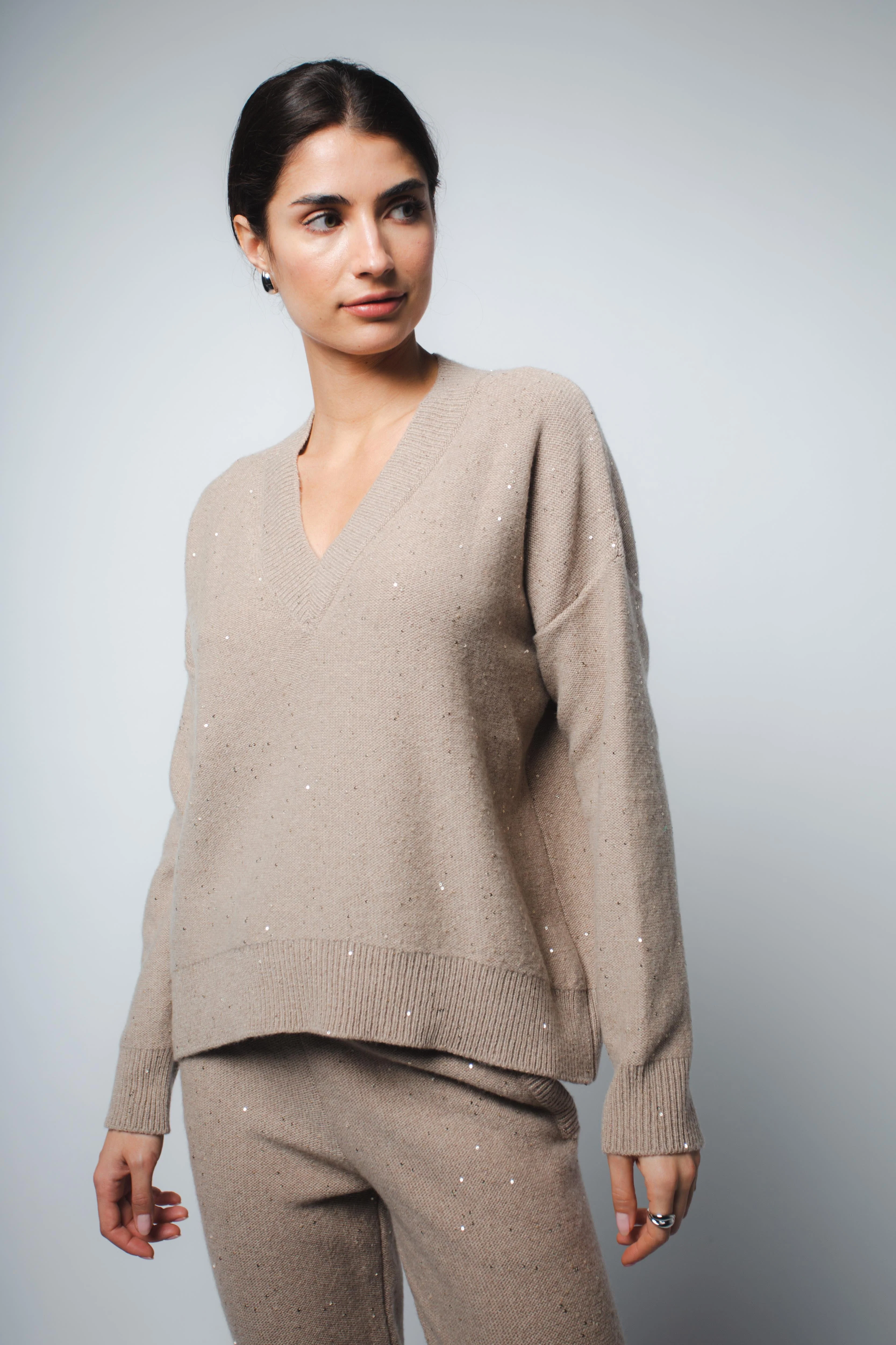 CRISTA V-NECK SWEATER IN SEQUIN CASHMERE IN FAWN SPARKLE