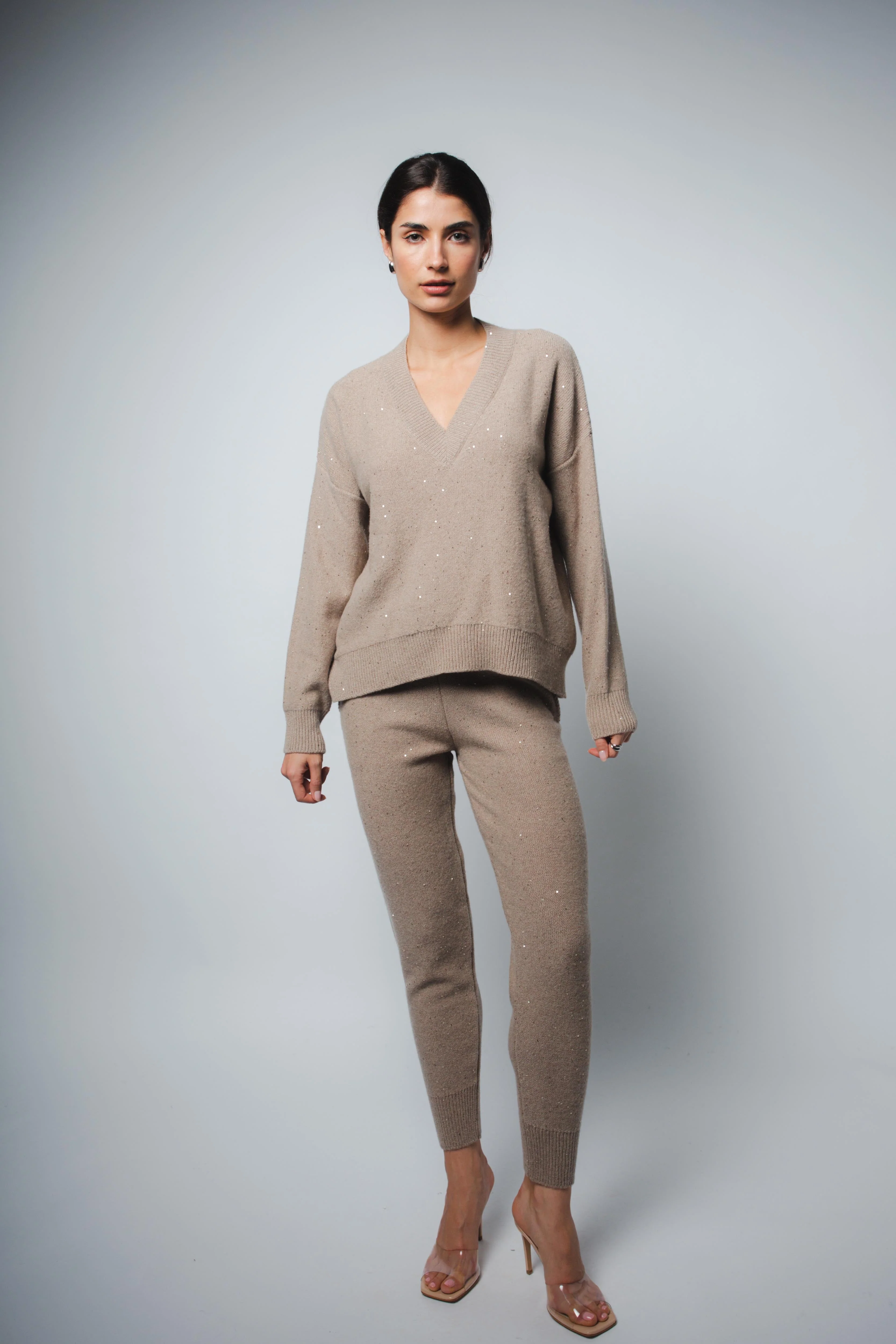 CRISTA V-NECK SWEATER IN SEQUIN CASHMERE IN FAWN SPARKLE - Image 2