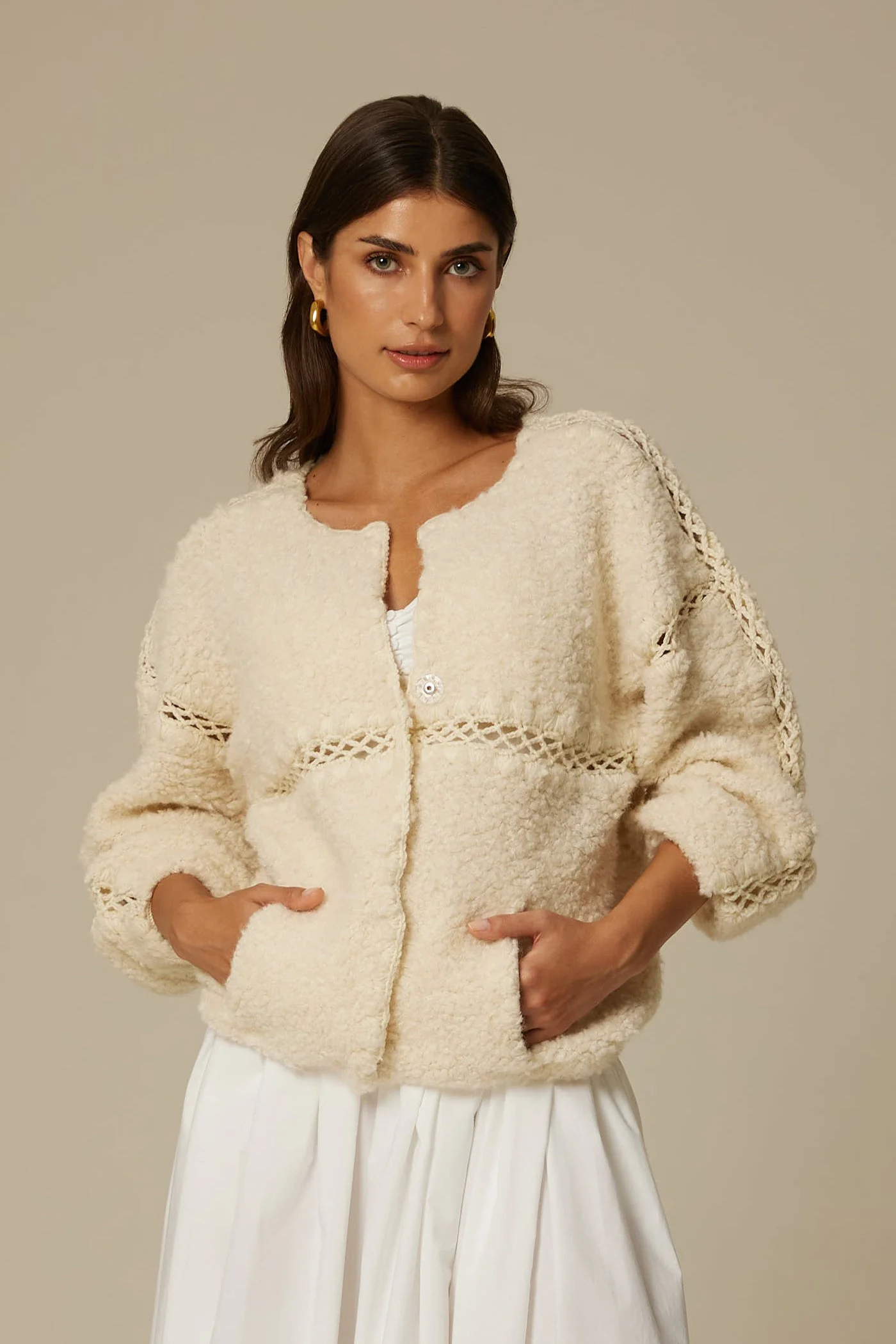 IRINA FURRY CARDIGAN JACKET IN CREAM